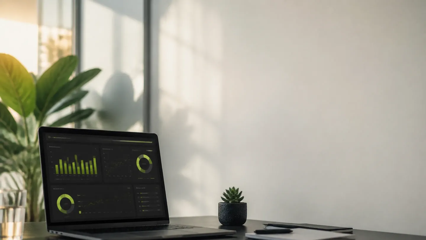 Minimal workspace with laptop showing analytics dashboard